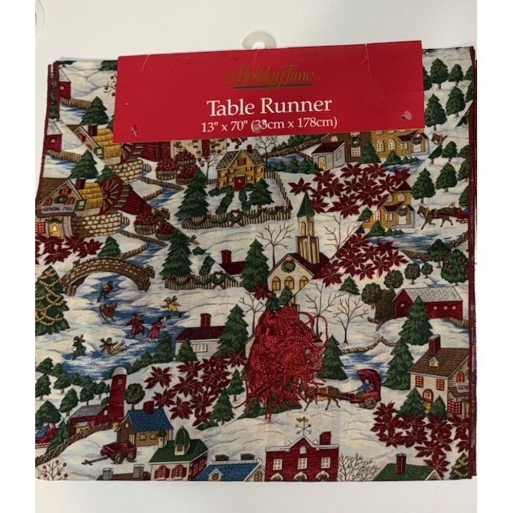 Holiday Time Table Runner 13"x 70" Christmas Village Houses Tassels Holiday New